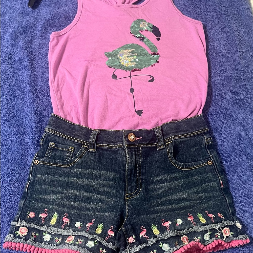 Girls Set Jordache Denim Shorts with Pink Stitching and Flamingo Tank Top!